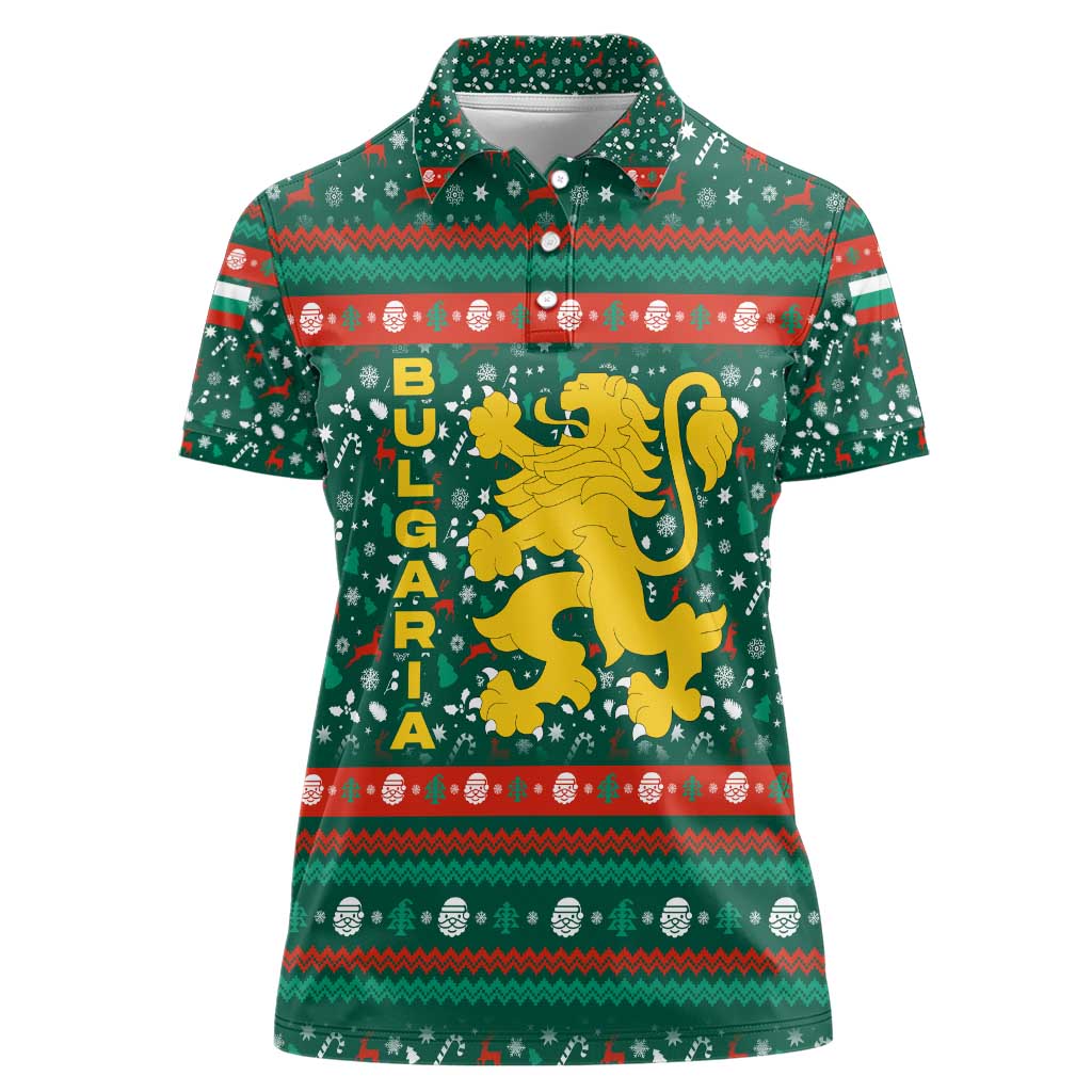 Bulgaria Christmas Women Polo Shirt with Green-Red Theme, Golden Lion, and Santa Sleigh Motif - Wonder Print Shop