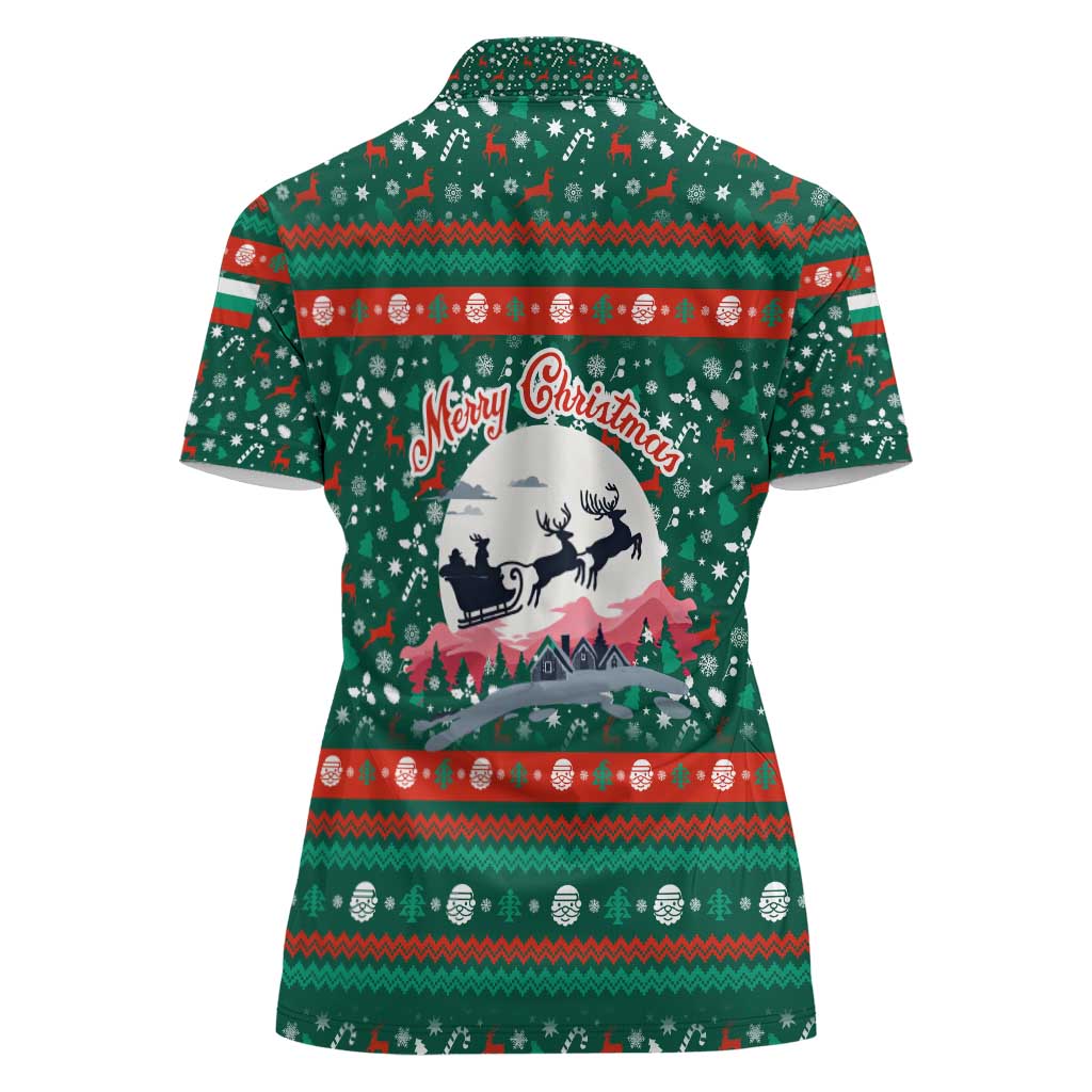 Bulgaria Christmas Women Polo Shirt with Green-Red Theme, Golden Lion, and Santa Sleigh Motif - Wonder Print Shop