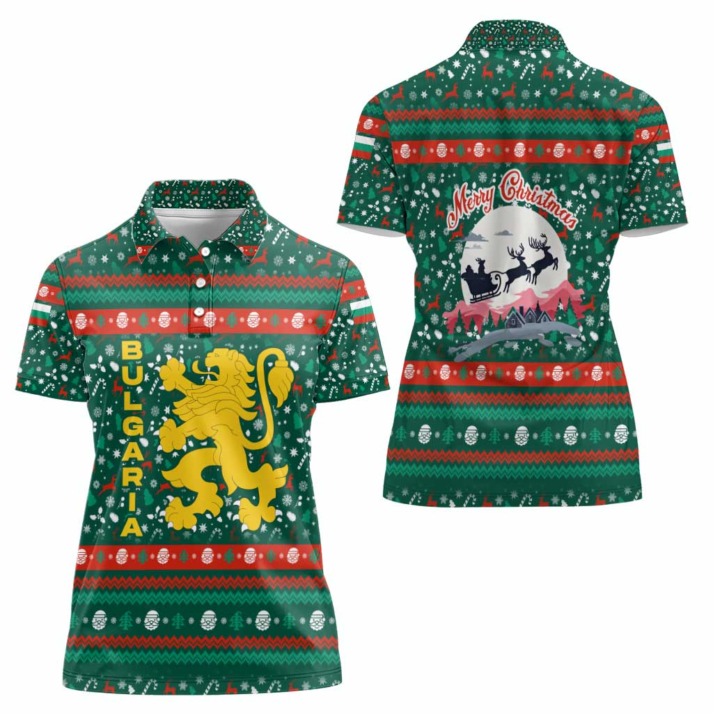 Bulgaria Christmas Women Polo Shirt with Green-Red Theme, Golden Lion, and Santa Sleigh Motif - Wonder Print Shop