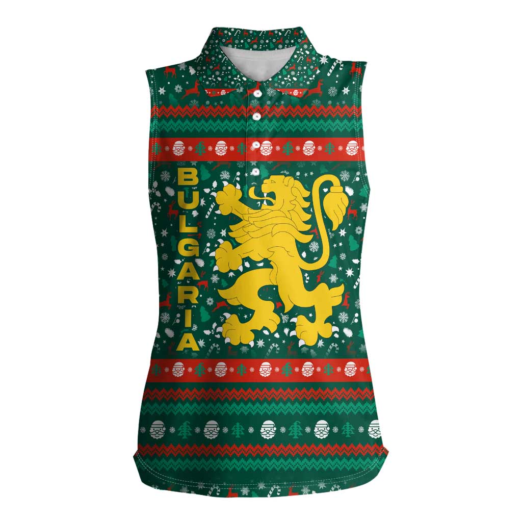 Bulgaria Christmas Women Sleeveless Polo Shirt with Green-Red Theme, Golden Lion, and Santa Sleigh Motif - Wonder Print Shop