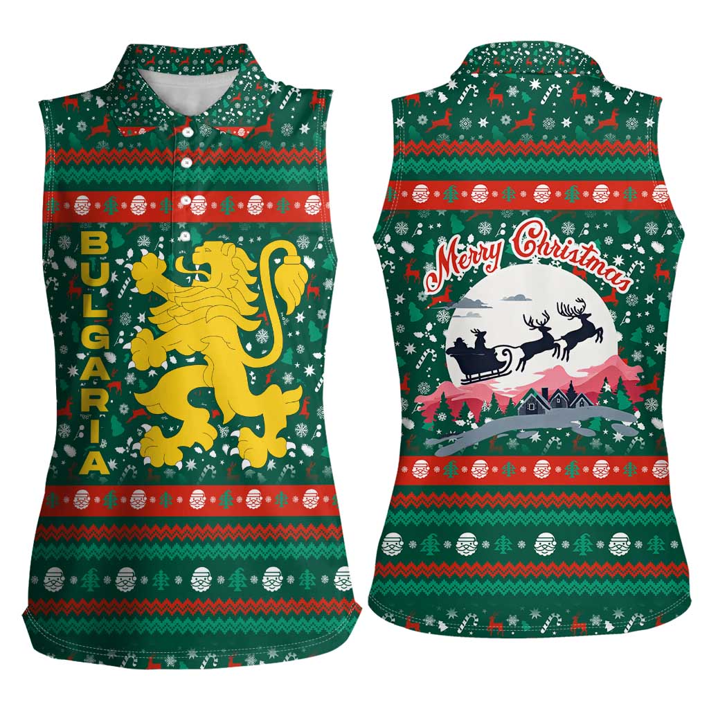 Bulgaria Christmas Women Sleeveless Polo Shirt with Green-Red Theme, Golden Lion, and Santa Sleigh Motif - Wonder Print Shop