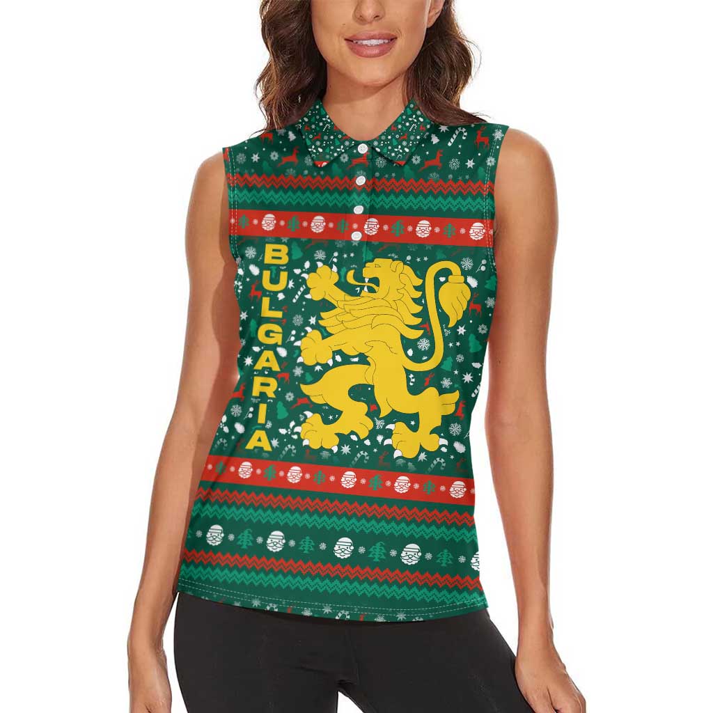 Bulgaria Christmas Women Sleeveless Polo Shirt with Green-Red Theme, Golden Lion, and Santa Sleigh Motif - Wonder Print Shop