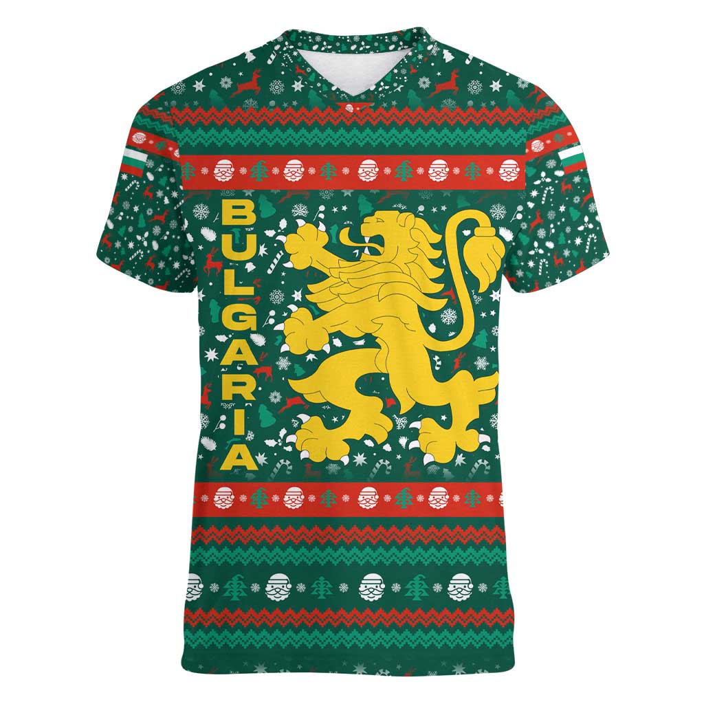 Bulgaria Christmas Women V-Neck T-Shirt with Green-Red Theme, Golden Lion, and Santa Sleigh Motif - Wonder Print Shop