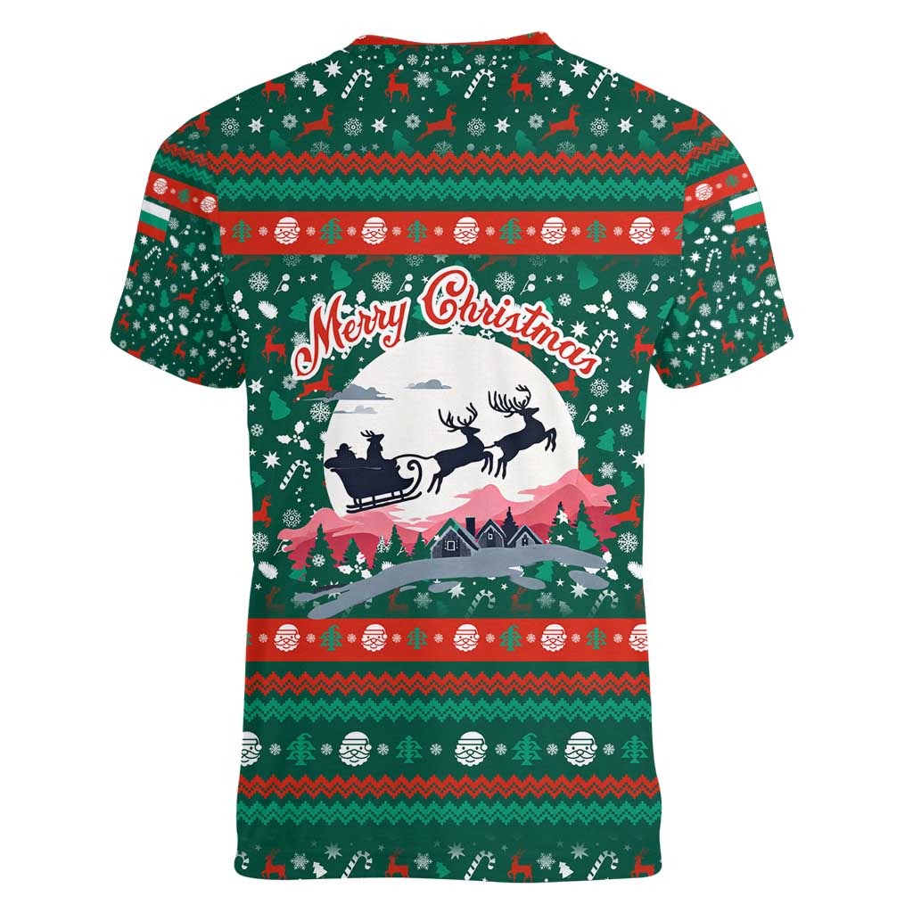 Bulgaria Christmas Women V-Neck T-Shirt with Green-Red Theme, Golden Lion, and Santa Sleigh Motif - Wonder Print Shop