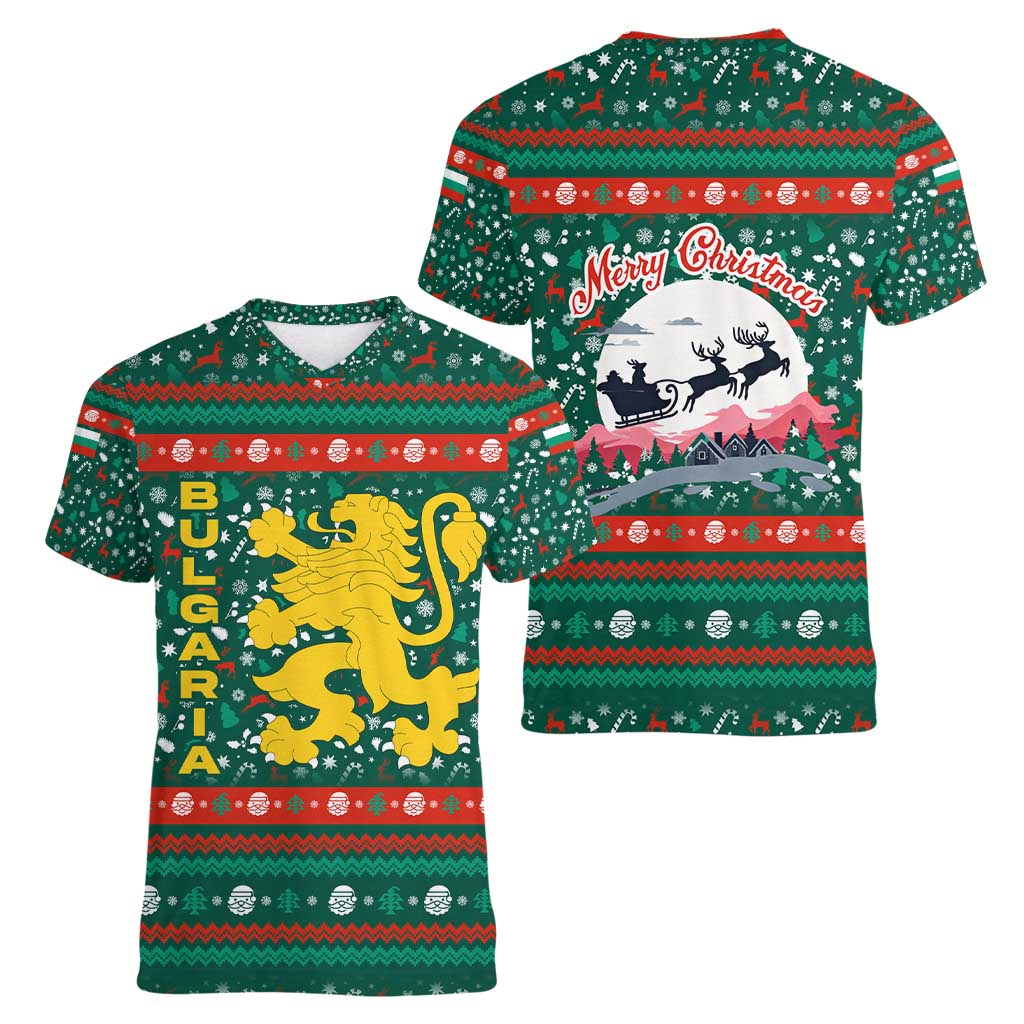 Bulgaria Christmas Women V-Neck T-Shirt with Green-Red Theme, Golden Lion, and Santa Sleigh Motif - Wonder Print Shop