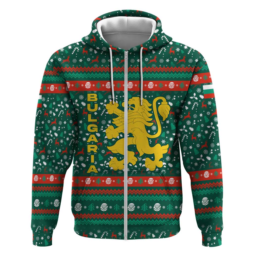 Bulgaria Christmas Zip Hoodie with Green-Red Theme, Golden Lion, and Santa Sleigh Motif - Wonder Print Shop