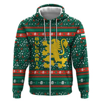 Bulgaria Christmas Zip Hoodie with Green-Red Theme, Golden Lion, and Santa Sleigh Motif - Wonder Print Shop