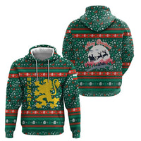 Bulgaria Christmas Zip Hoodie with Green-Red Theme, Golden Lion, and Santa Sleigh Motif - Wonder Print Shop