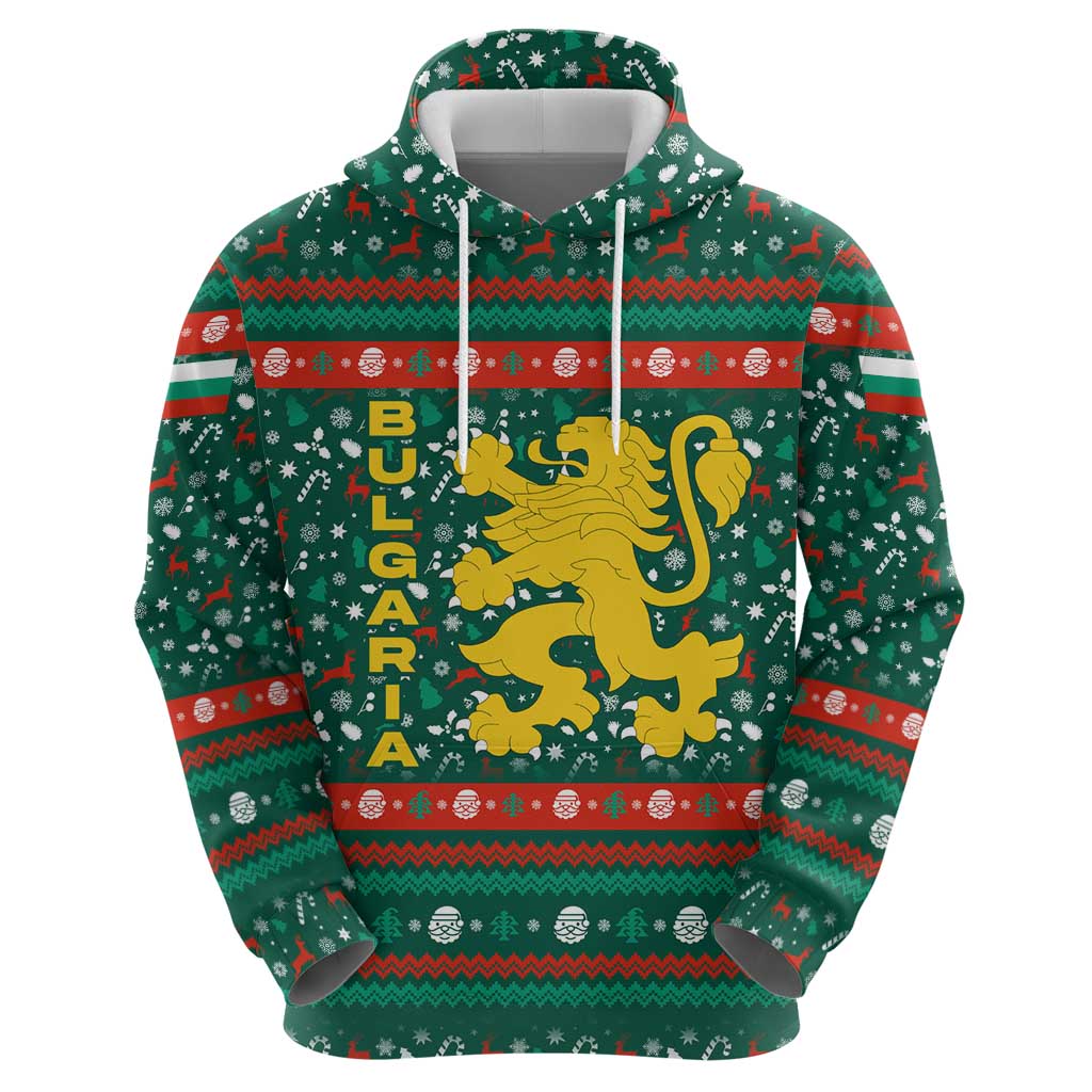 Bulgaria Christmas Zip Hoodie with Green-Red Theme, Golden Lion, and Santa Sleigh Motif - Wonder Print Shop