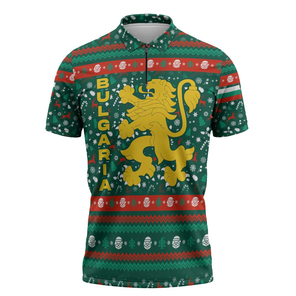 Bulgaria Christmas Zipper Polo Shirt with Green-Red Theme, Golden Lion, and Santa Sleigh Motif - Wonder Print Shop