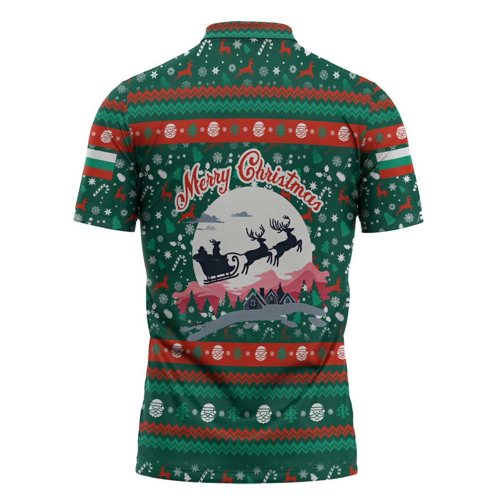 Bulgaria Christmas Zipper Polo Shirt with Green-Red Theme, Golden Lion, and Santa Sleigh Motif - Wonder Print Shop