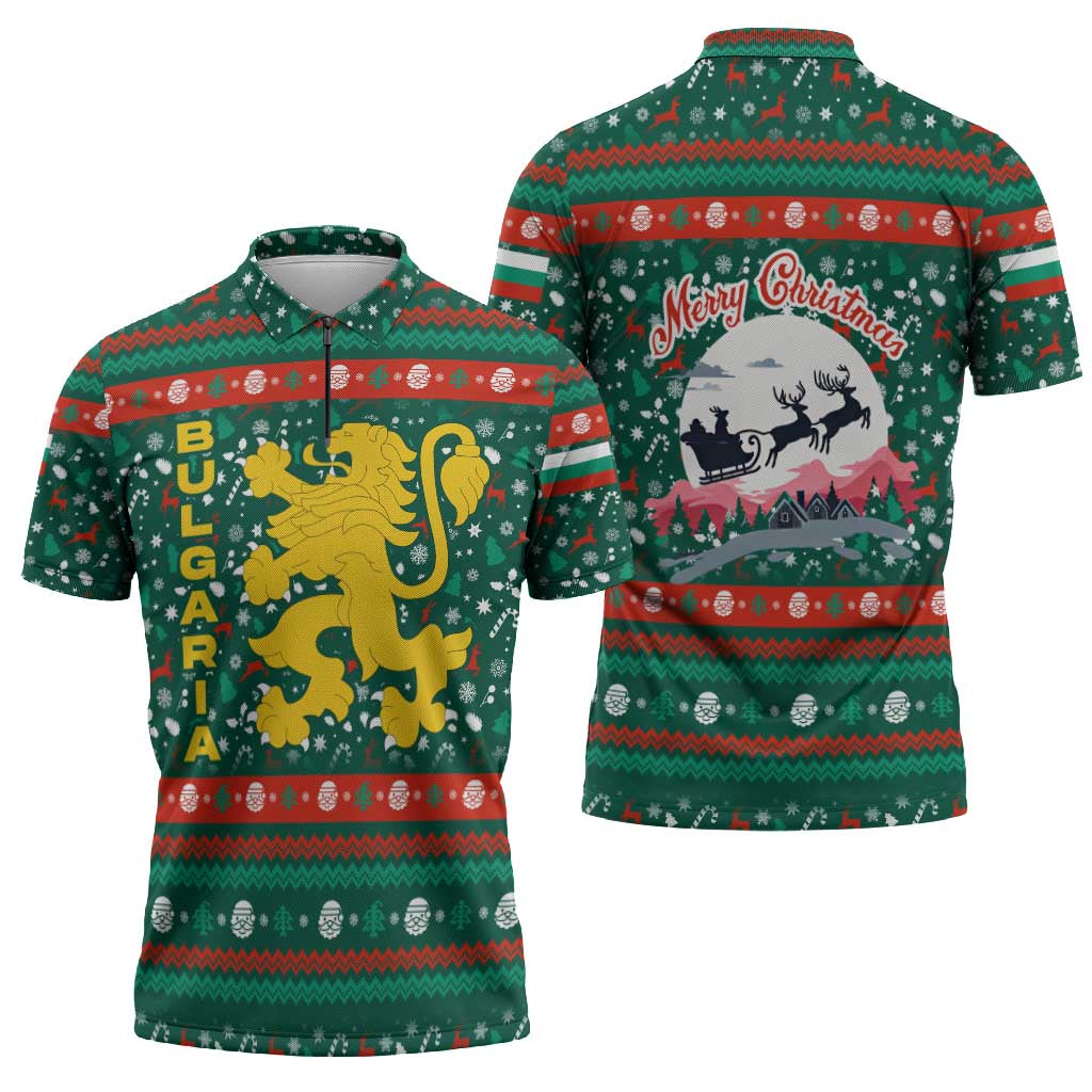 Bulgaria Christmas Zipper Polo Shirt with Green-Red Theme, Golden Lion, and Santa Sleigh Motif - Wonder Print Shop