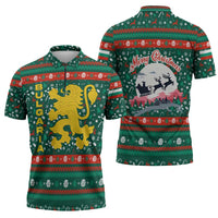 Bulgaria Christmas Zipper Polo Shirt with Green-Red Theme, Golden Lion, and Santa Sleigh Motif - Wonder Print Shop