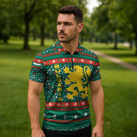 Bulgaria Christmas Zipper Polo Shirt with Green-Red Theme, Golden Lion, and Santa Sleigh Motif - Wonder Print Shop