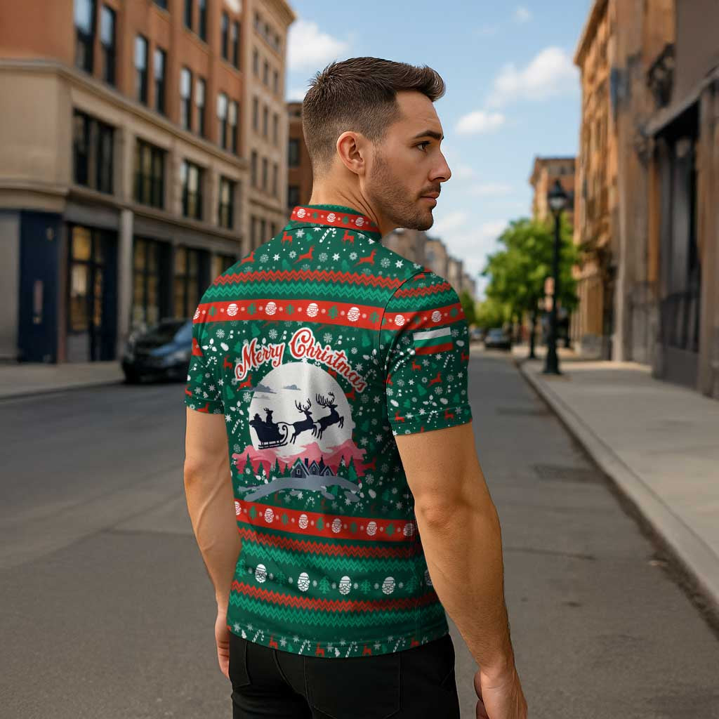Bulgaria Christmas Zipper Polo Shirt with Green-Red Theme, Golden Lion, and Santa Sleigh Motif - Wonder Print Shop
