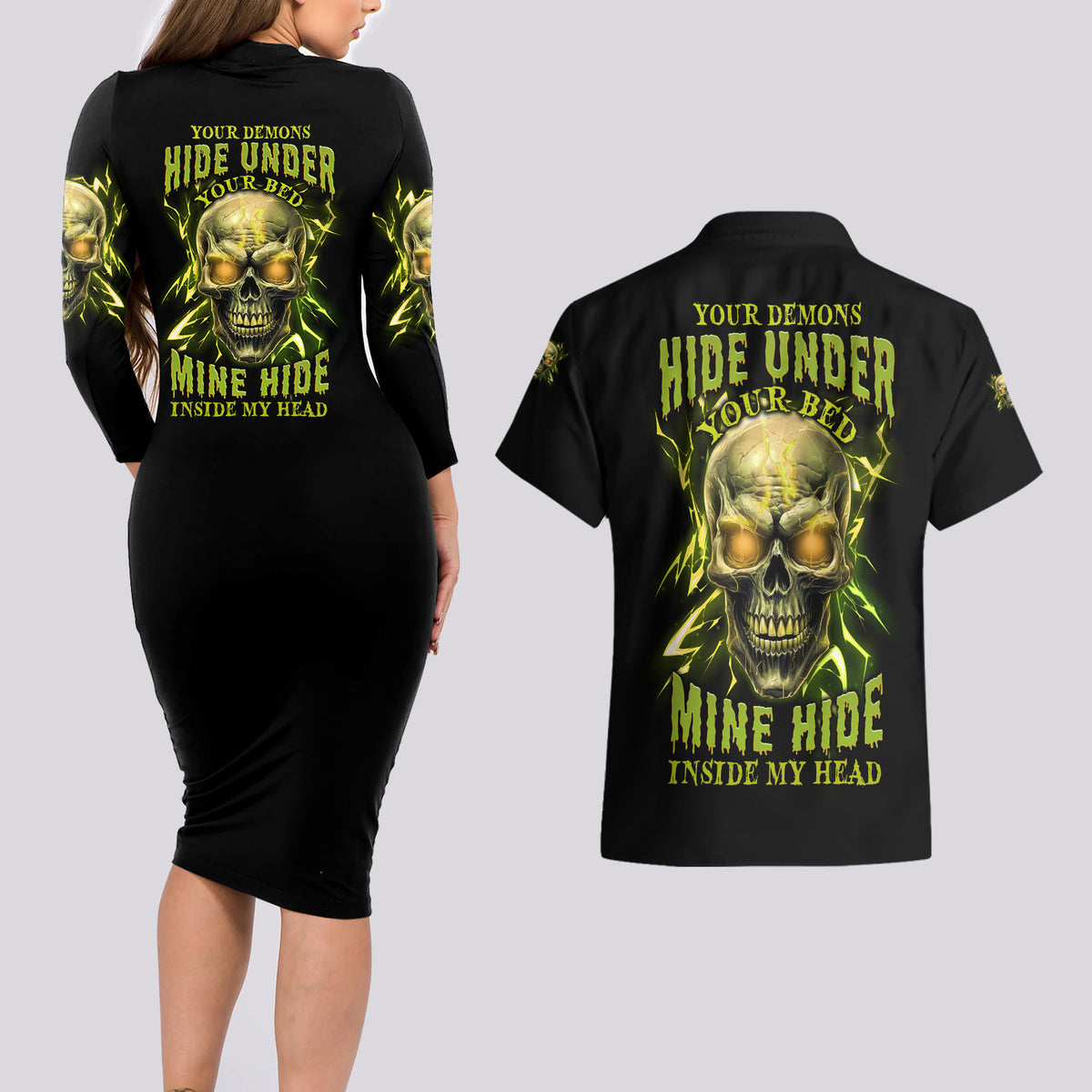 Your Demons Hide Under Your Bed Couples Matching Long Sleeve Bodycon Dress and Hawaiian Shirt - Wonder Print Shop