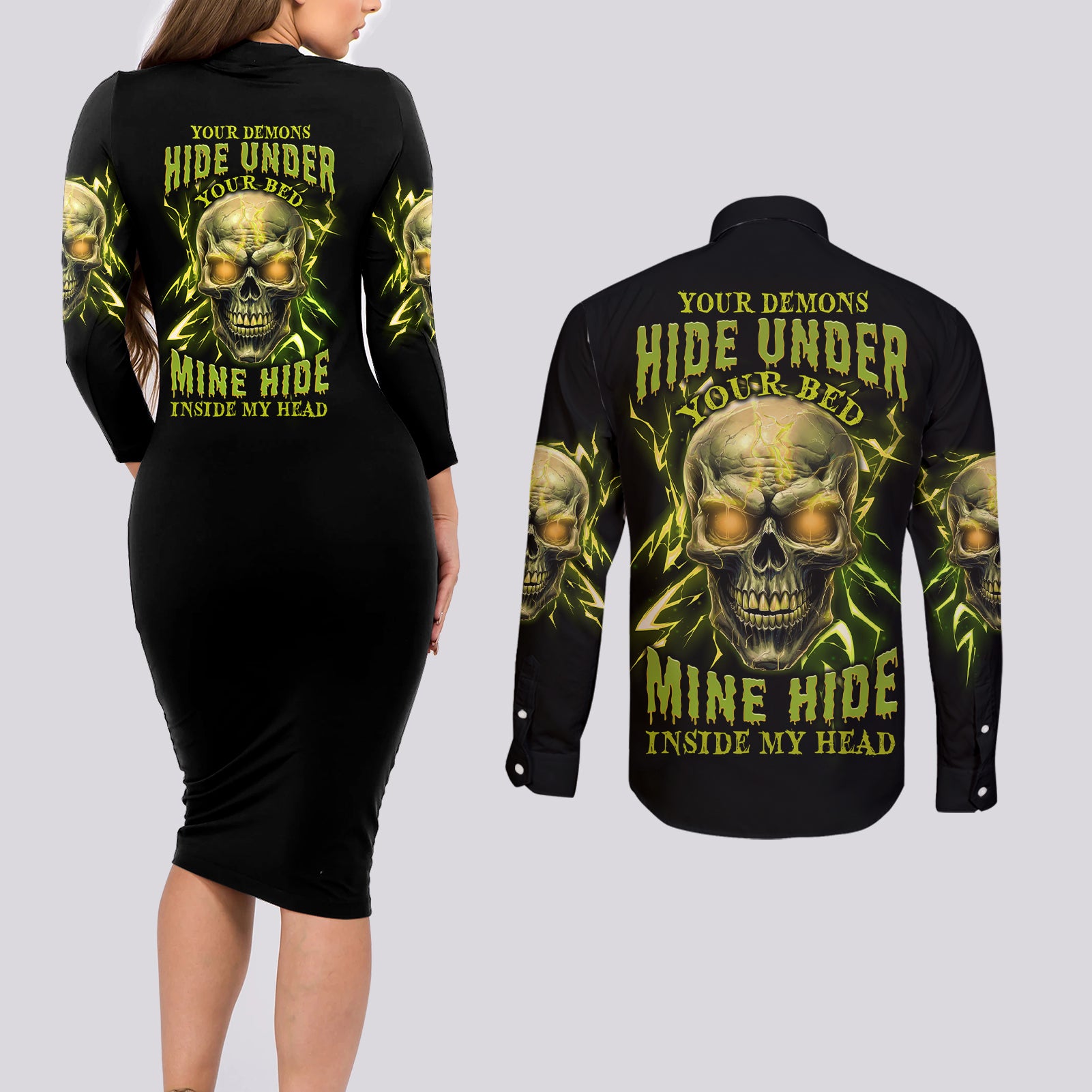 Your Demons Hide Under Your Bed Couples Matching Long Sleeve Bodycon Dress and Long Sleeve Button Shirt - Wonder Print Shop
