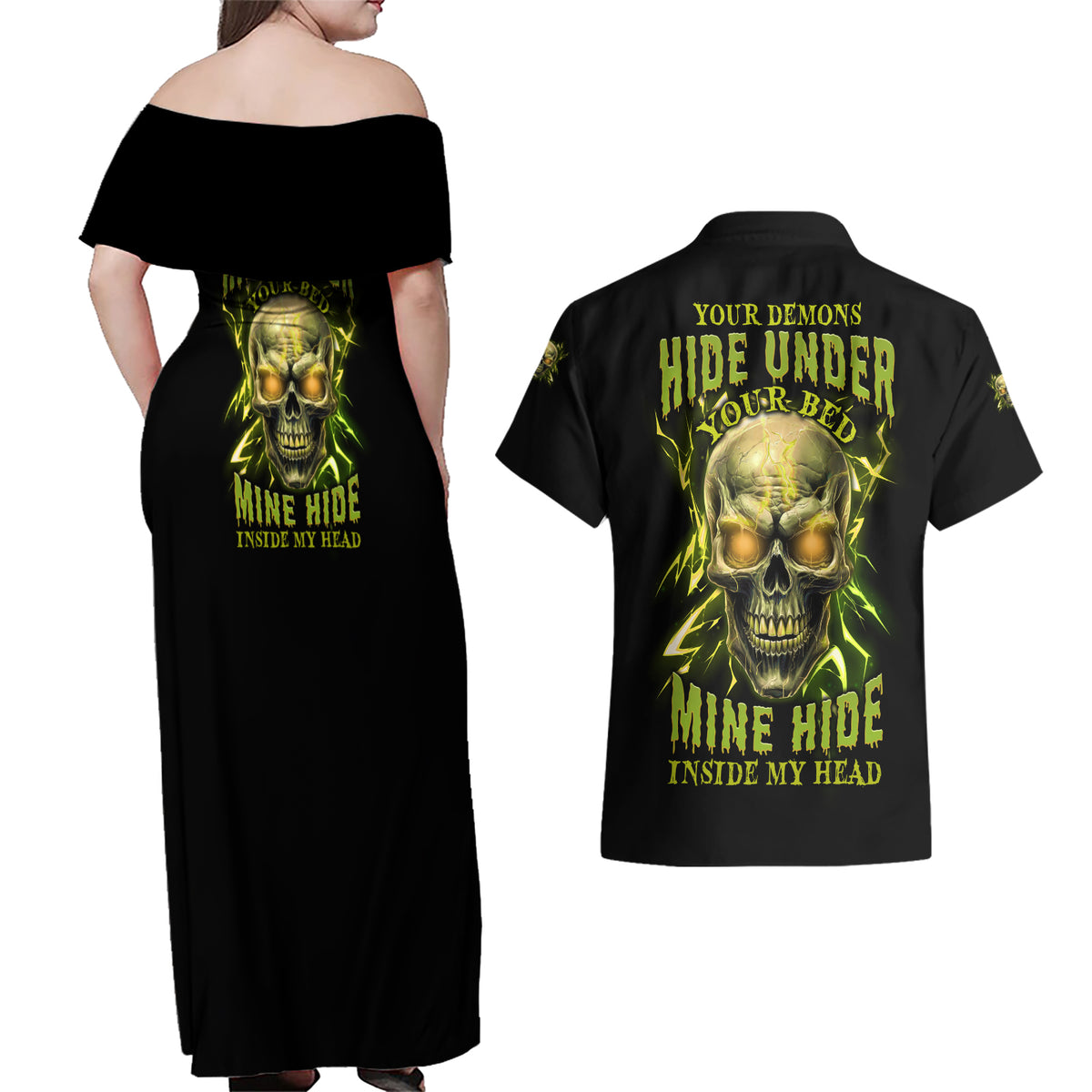 Your Demons Hide Under Your Bed Couples Matching Off Shoulder Maxi Dress and Hawaiian Shirt - Wonder Print Shop