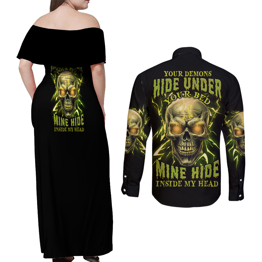 Your Demons Hide Under Your Bed Couples Matching Off Shoulder Maxi Dress and Long Sleeve Button Shirt - Wonder Print Shop