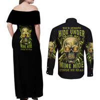 Your Demons Hide Under Your Bed Couples Matching Off Shoulder Maxi Dress and Long Sleeve Button Shirt - Wonder Print Shop