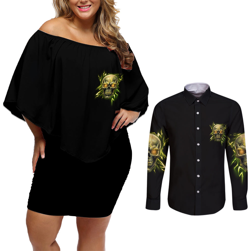 Your Demons Hide Under Your Bed Couples Matching Off Shoulder Short Dress and Long Sleeve Button Shirt - Wonder Print Shop