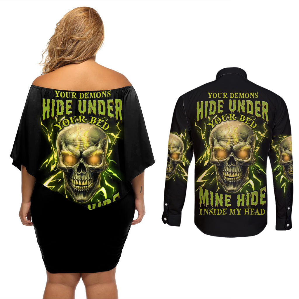Your Demons Hide Under Your Bed Couples Matching Off Shoulder Short Dress and Long Sleeve Button Shirt - Wonder Print Shop