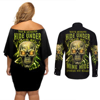 Your Demons Hide Under Your Bed Couples Matching Off Shoulder Short Dress and Long Sleeve Button Shirt - Wonder Print Shop