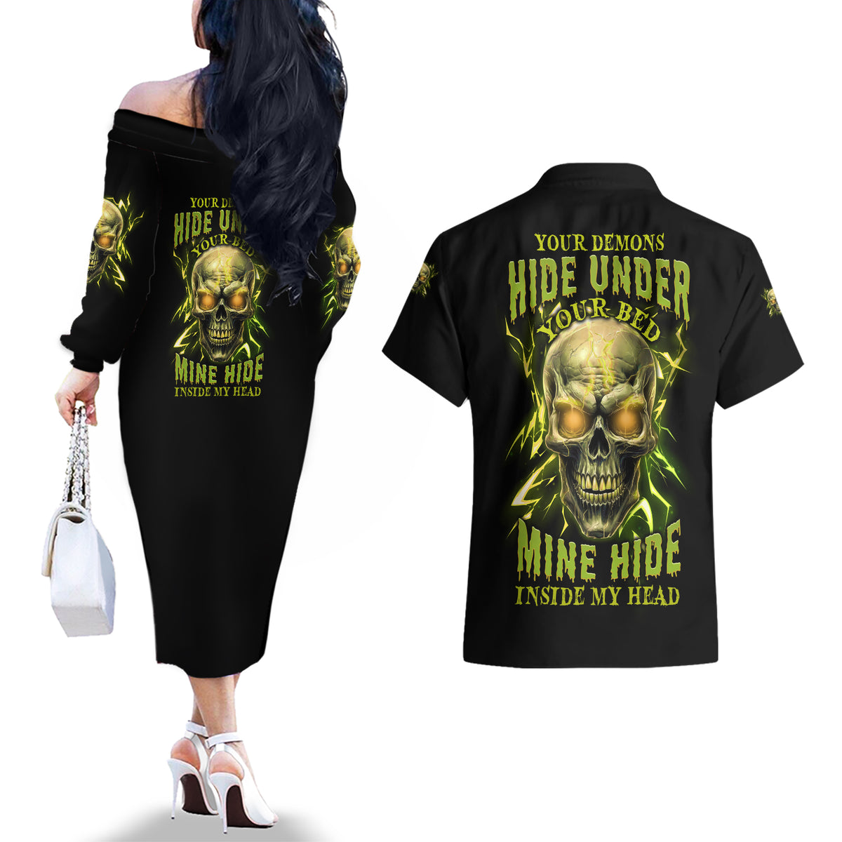 Your Demons Hide Under Your Bed Couples Matching Off The Shoulder Long Sleeve Dress and Hawaiian Shirt - Wonder Print Shop