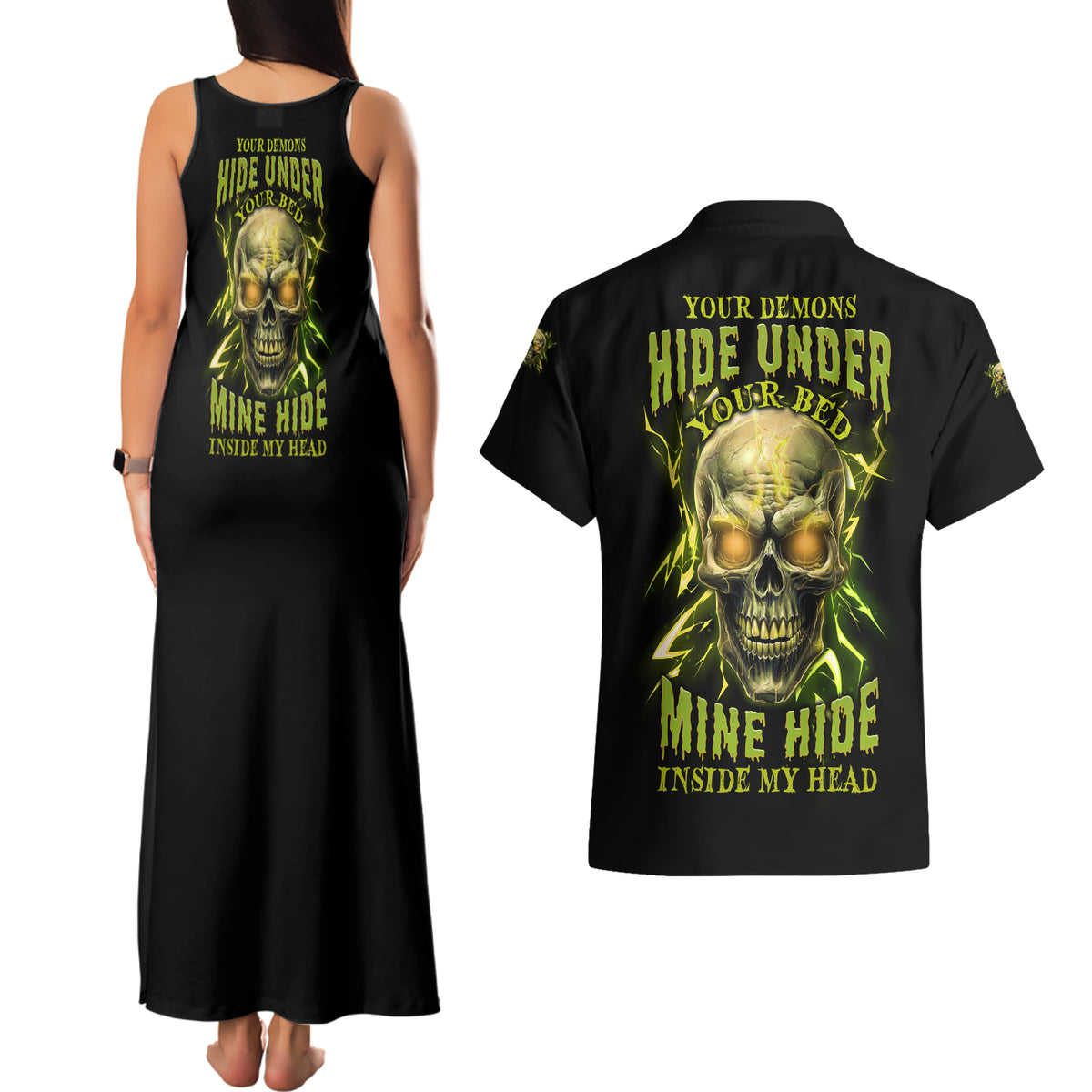 Your Demons Hide Under Your Bed Couples Matching Tank Maxi Dress and Hawaiian Shirt - Wonder Print Shop
