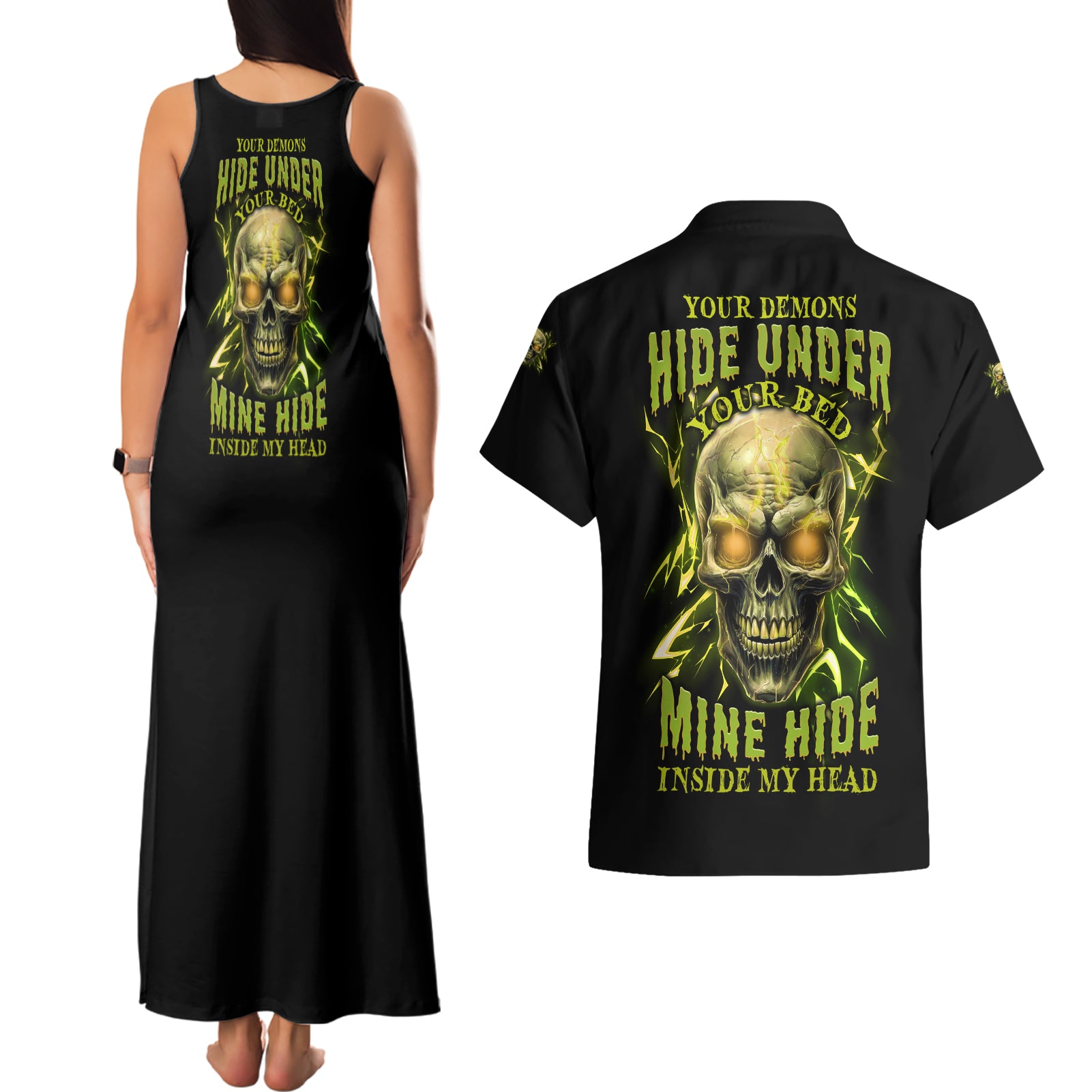 Your Demons Hide Under Your Bed Couples Matching Tank Maxi Dress and Hawaiian Shirt - Wonder Print Shop
