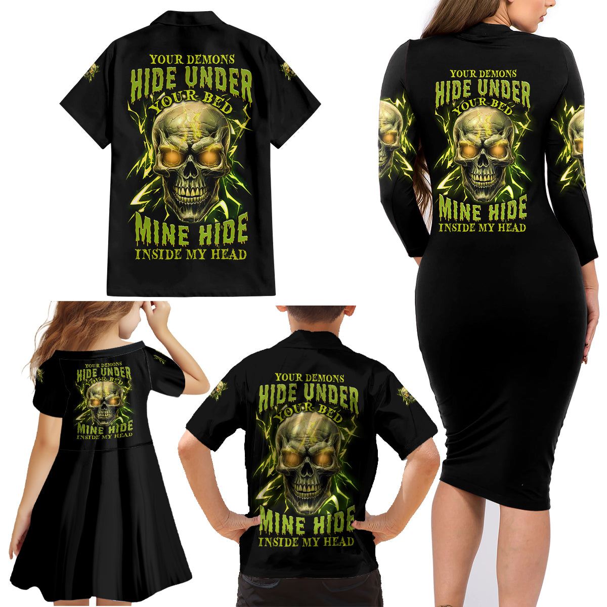 Your Demons Hide Under Your Bed Family Matching Long Sleeve Bodycon Dress and Hawaiian Shirt - Wonder Print Shop
