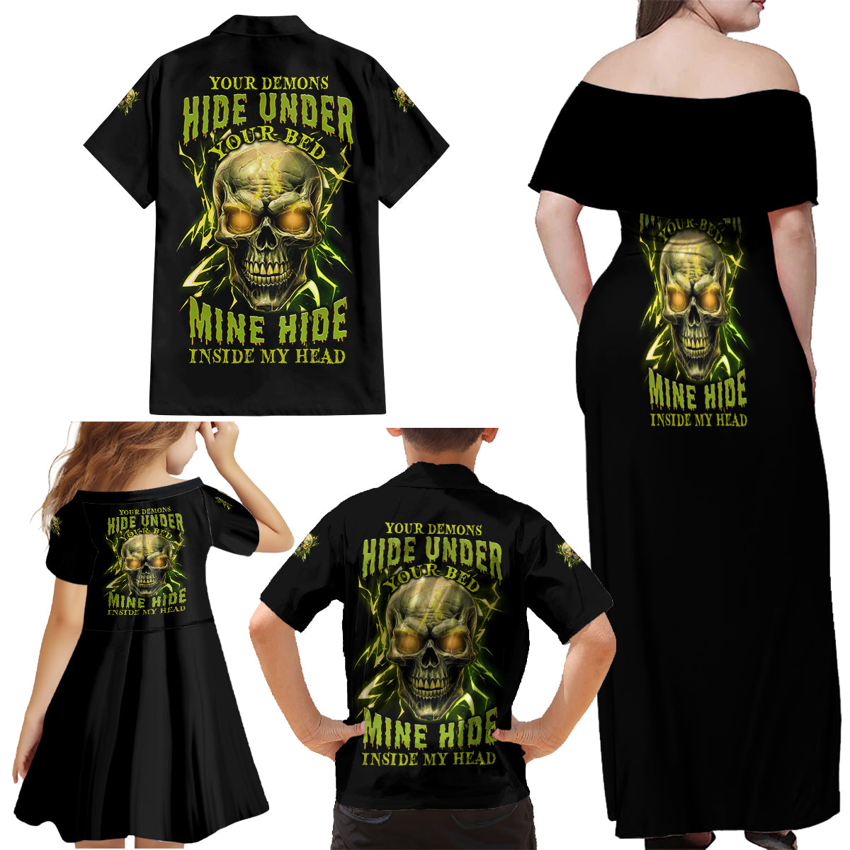 Your Demons Hide Under Your Bed Family Matching Off Shoulder Maxi Dress and Hawaiian Shirt - Wonder Print Shop