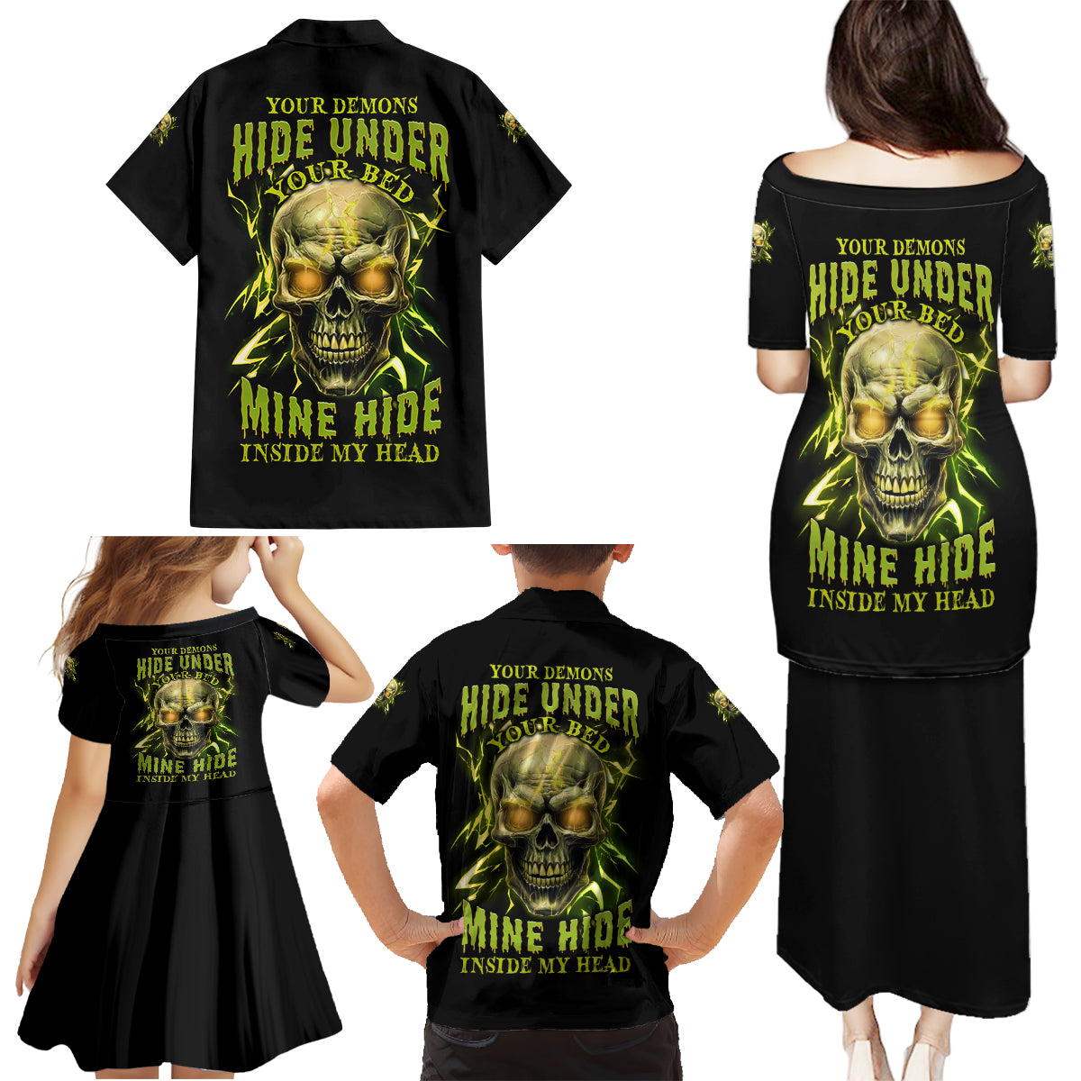 Your Demons Hide Under Your Bed Family Matching Puletasi Dress and Hawaiian Shirt - Wonder Print Shop