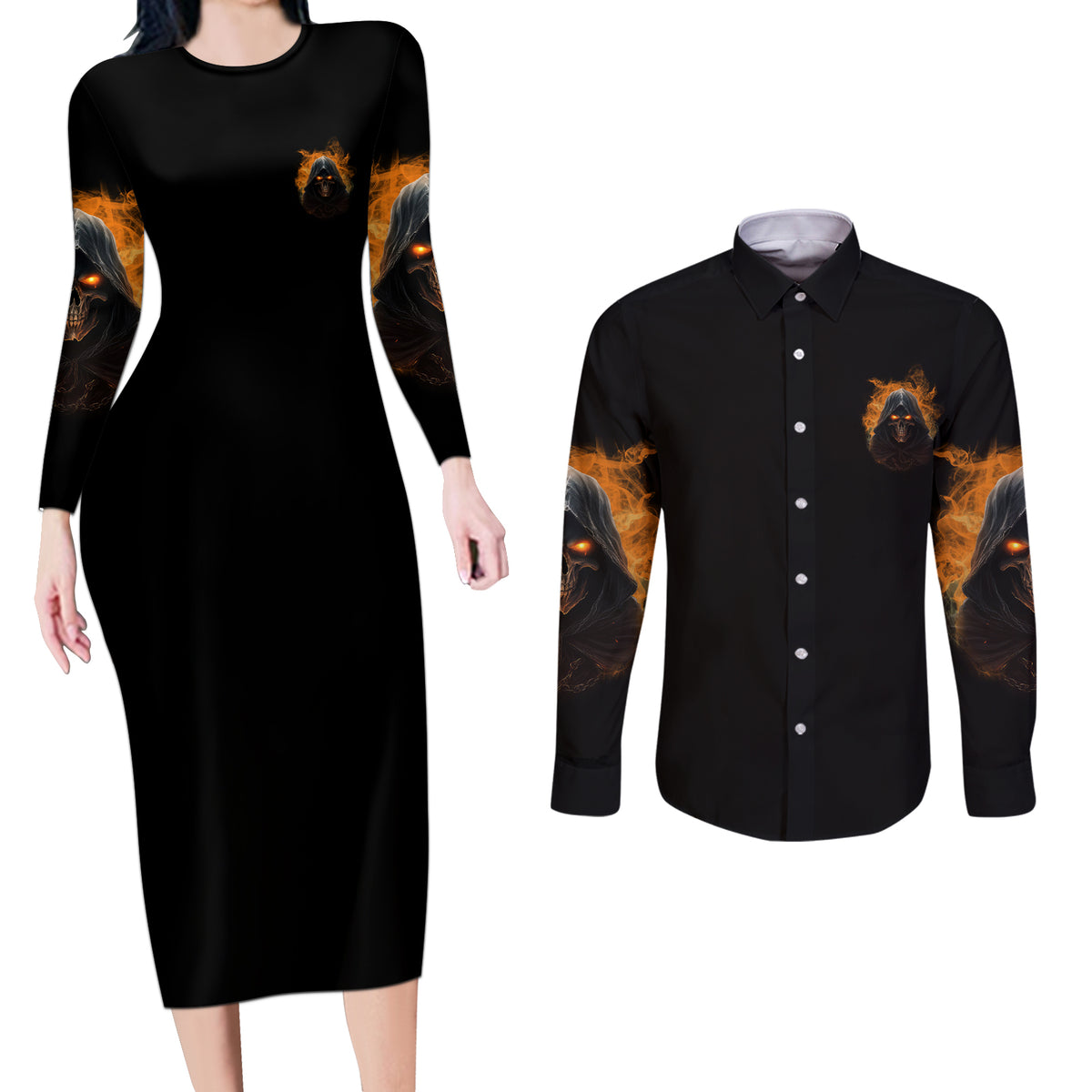 When I Was Born Reaper Fire Couples Matching Long Sleeve Bodycon Dress and Long Sleeve Button Shirt - Wonder Print Shop