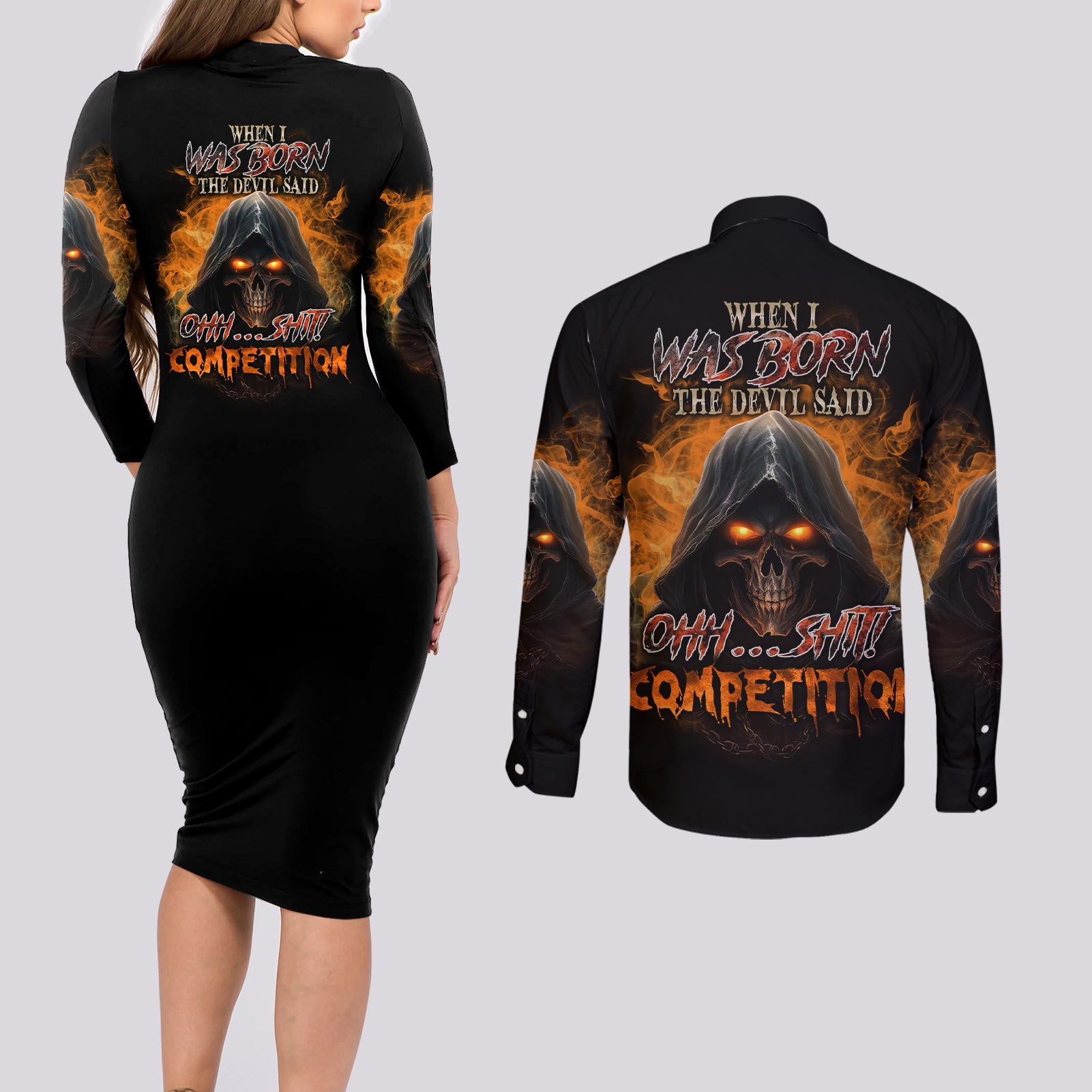 When I Was Born Reaper Fire Couples Matching Long Sleeve Bodycon Dress and Long Sleeve Button Shirt - Wonder Print Shop