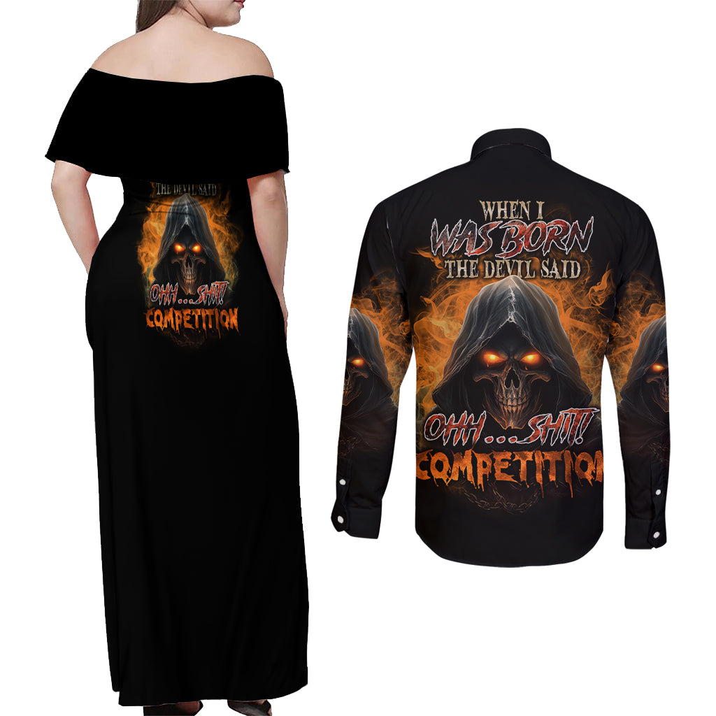 When I Was Born Reaper Fire Couples Matching Off Shoulder Maxi Dress and Long Sleeve Button Shirt - Wonder Print Shop