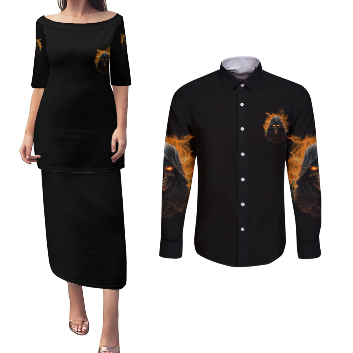 When I Was Born Reaper Fire Couples Matching Puletasi Dress and Long Sleeve Button Shirt - Wonder Print Shop