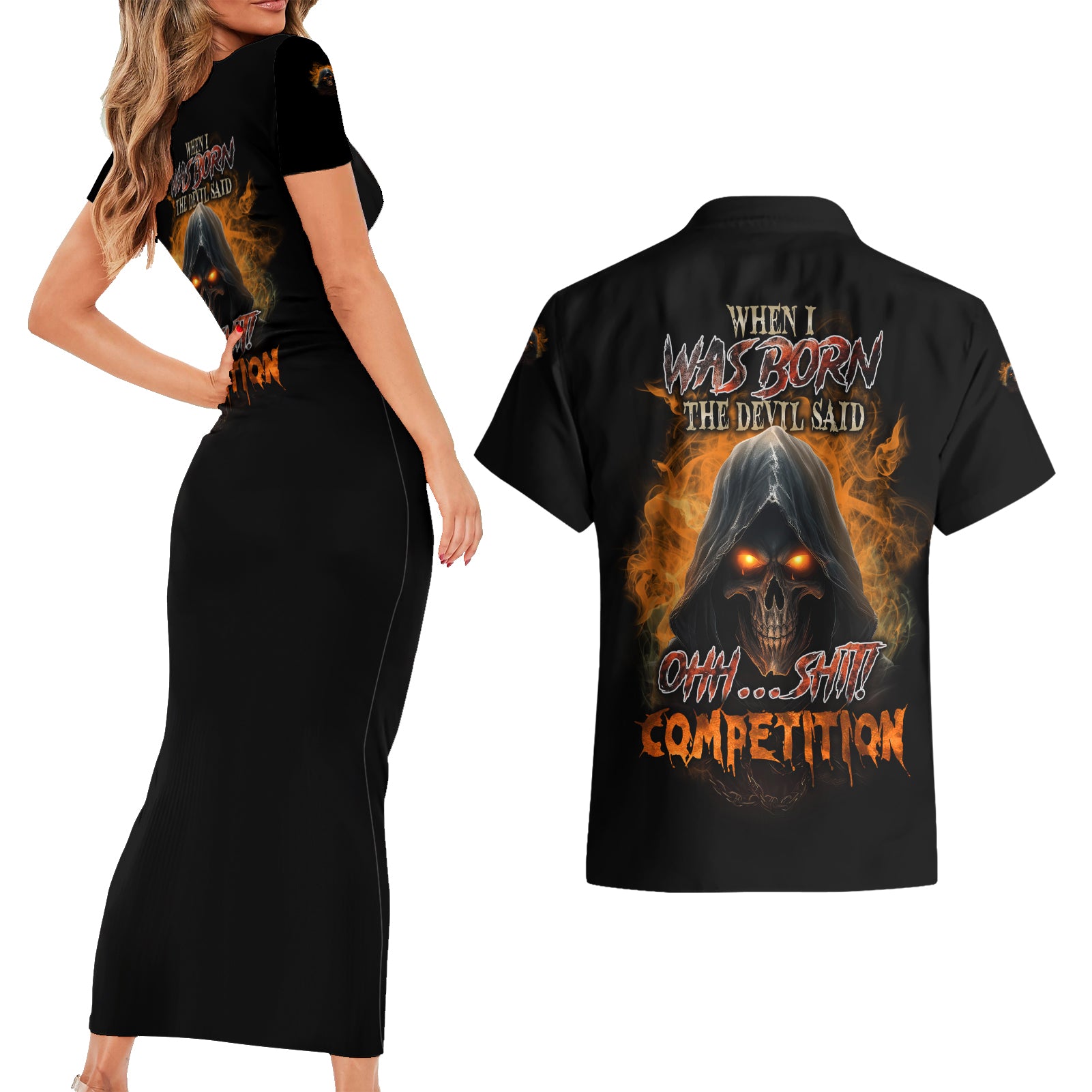 When I Was Born Reaper Fire Couples Matching Short Sleeve Bodycon Dress and Hawaiian Shirt - Wonder Print Shop