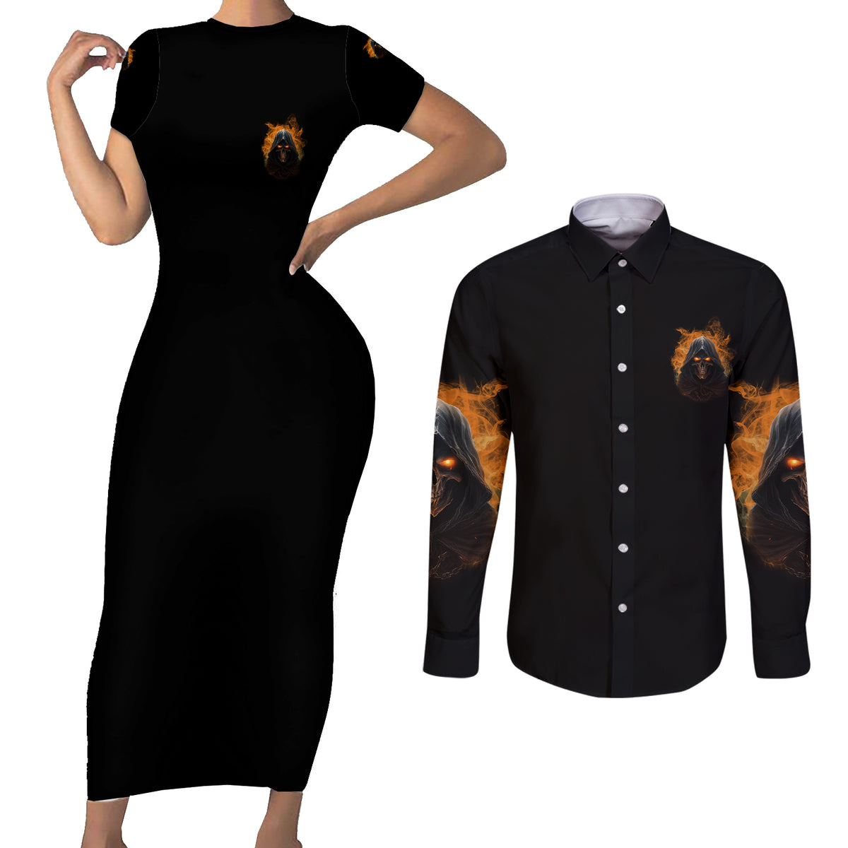 When I Was Born Reaper Fire Couples Matching Short Sleeve Bodycon Dress and Long Sleeve Button Shirt - Wonder Print Shop