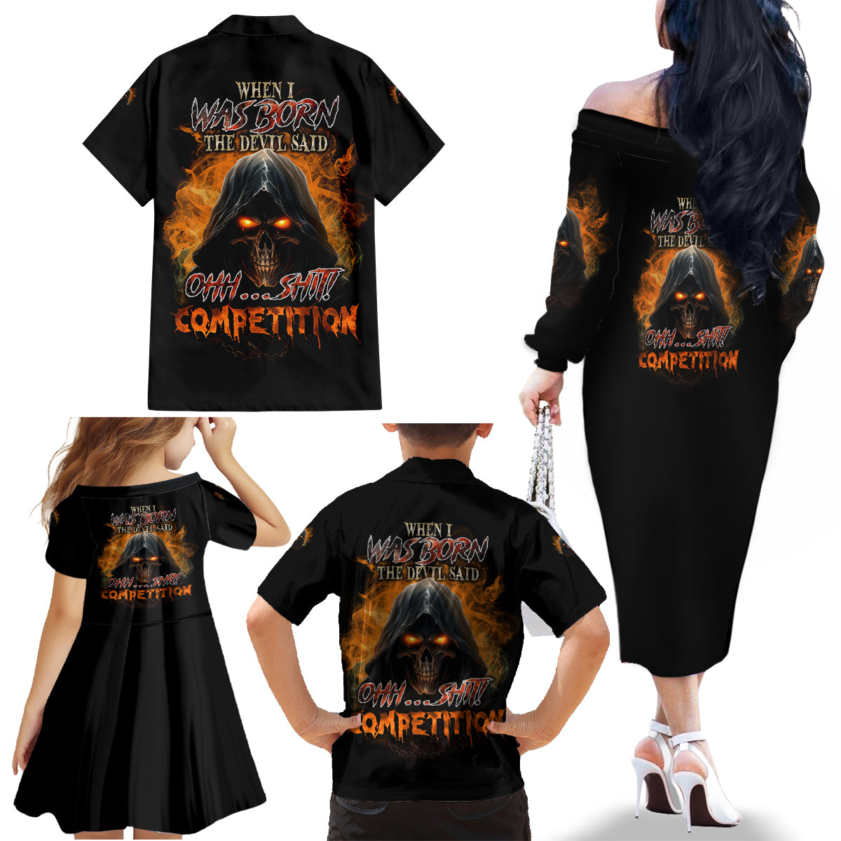 When I Was Born Reaper Fire Family Matching Off Shoulder Long Sleeve Dress and Hawaiian Shirt - Wonder Print Shop