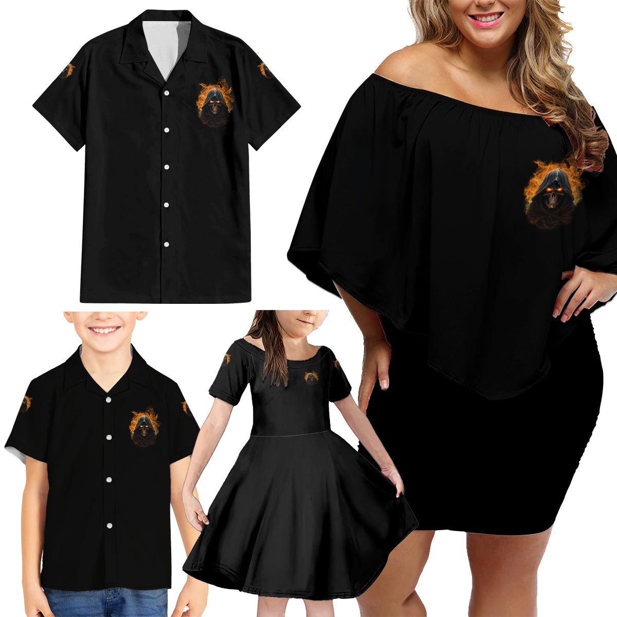 When I Was Born Reaper Fire Family Matching Off Shoulder Short Dress and Hawaiian Shirt - Wonder Print Shop