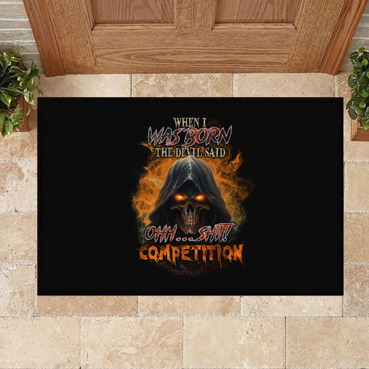 When I Was Born Reaper Fire Rubber Doormat - Wonder Print Shop