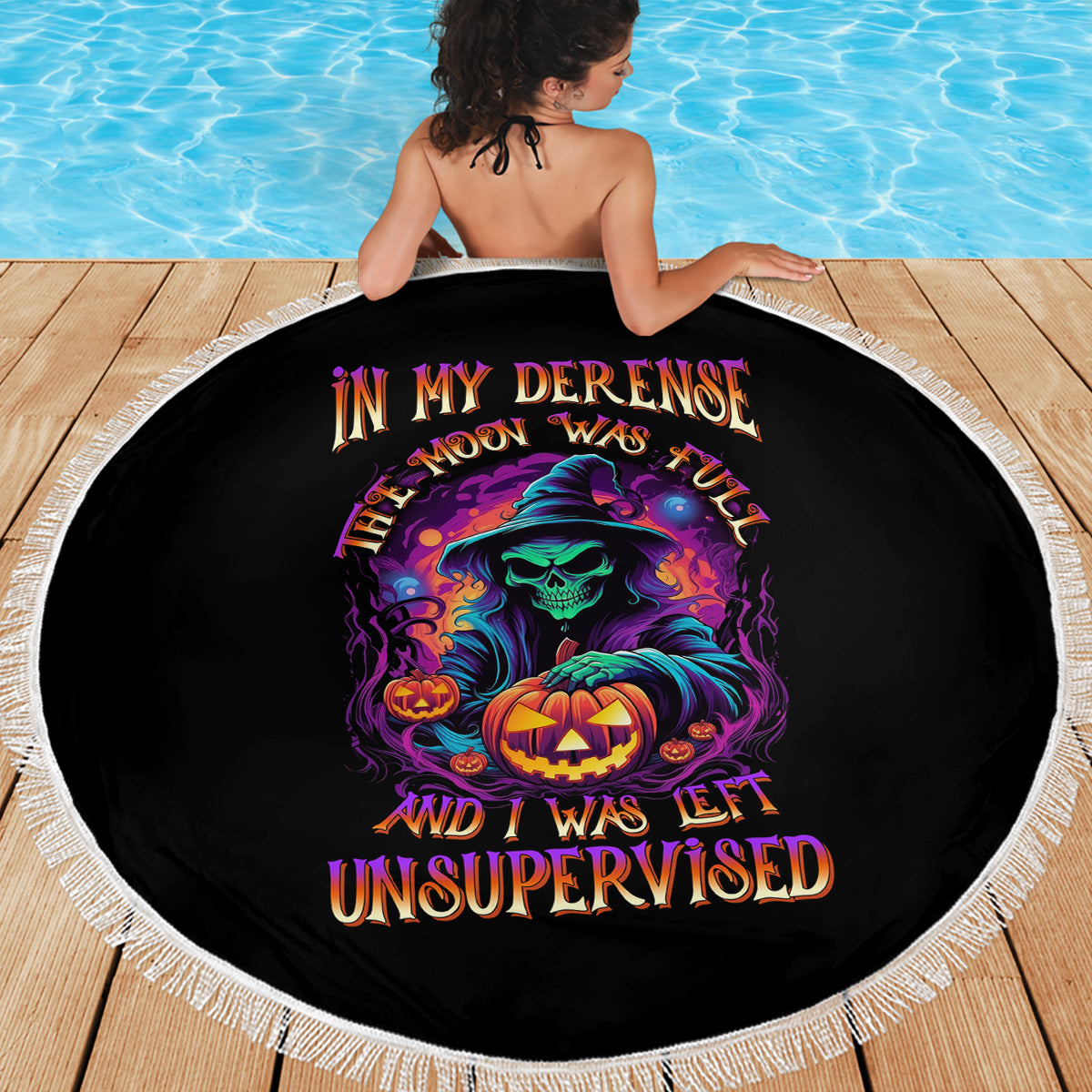 In My Defense I Was Left Unsupervised Halloween Beach Blanket - Wonder Print Shop