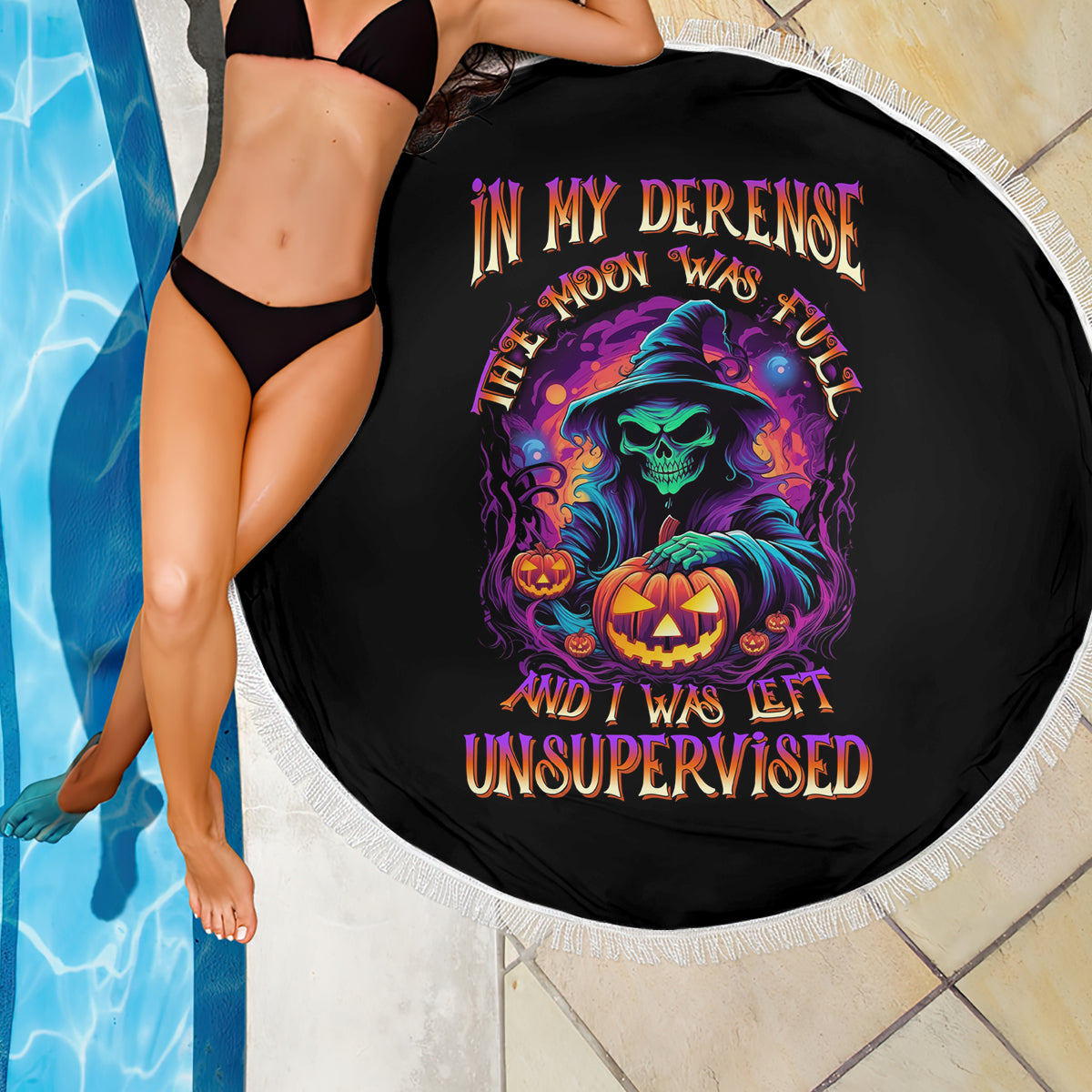 In My Defense I Was Left Unsupervised Halloween Beach Blanket - Wonder Print Shop