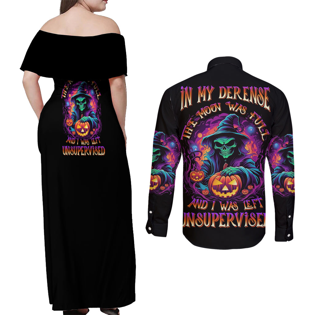 In My Defense I Was Left Unsupervised Halloween Couples Matching Off Shoulder Maxi Dress and Long Sleeve Button Shirt - Wonder Print Shop