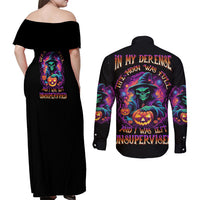 In My Defense I Was Left Unsupervised Halloween Couples Matching Off Shoulder Maxi Dress and Long Sleeve Button Shirt - Wonder Print Shop