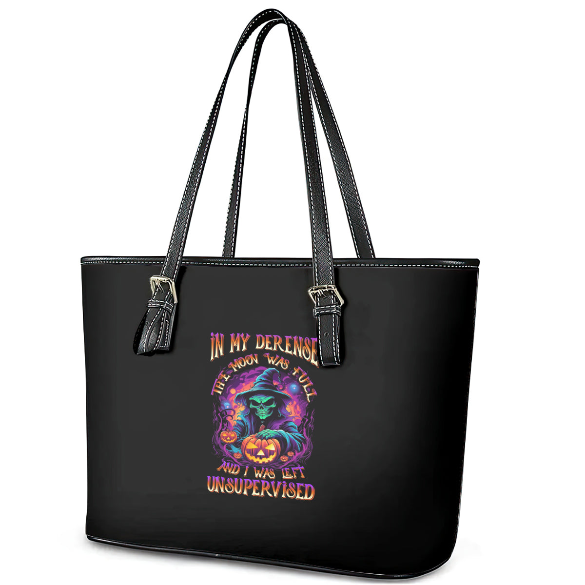 In My Defense I Was Left Unsupervised Halloween Leather Tote Bag - Wonder Print Shop