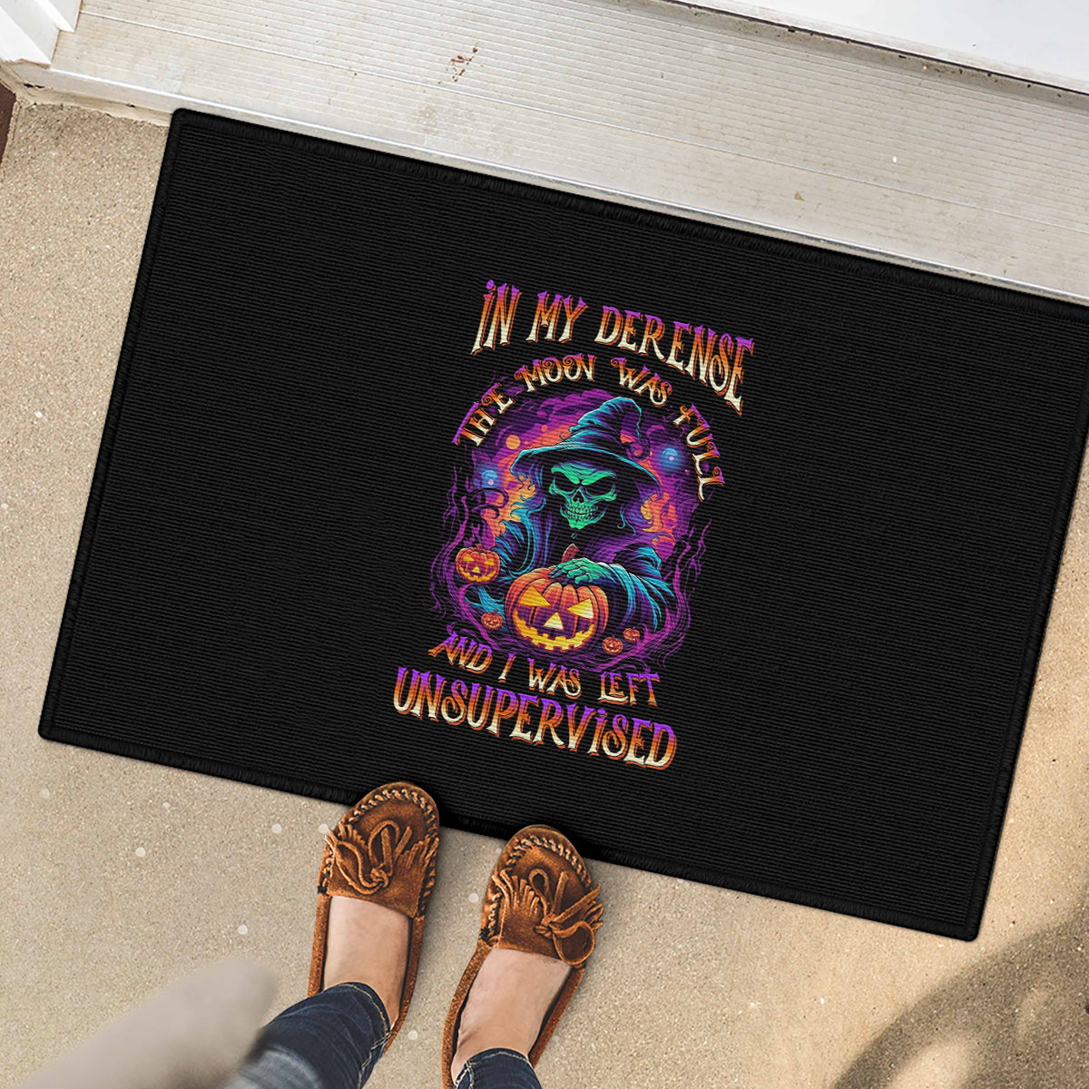 In My Defense I Was Left Unsupervised Halloween Rubber Doormat - Wonder Print Shop