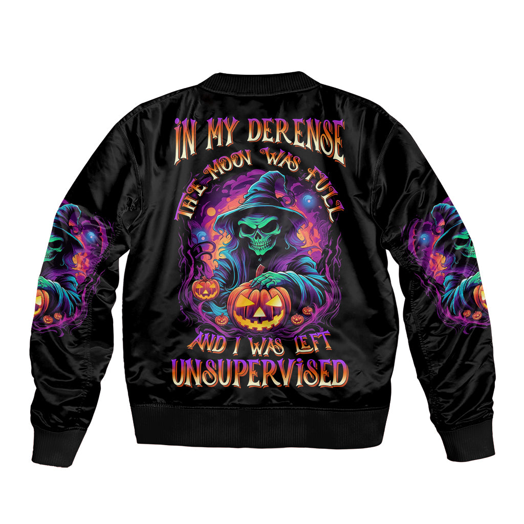 In My Defense I Was Left Unsupervised Halloween Sleeve Zip Bomber Jacket - Wonder Print Shop