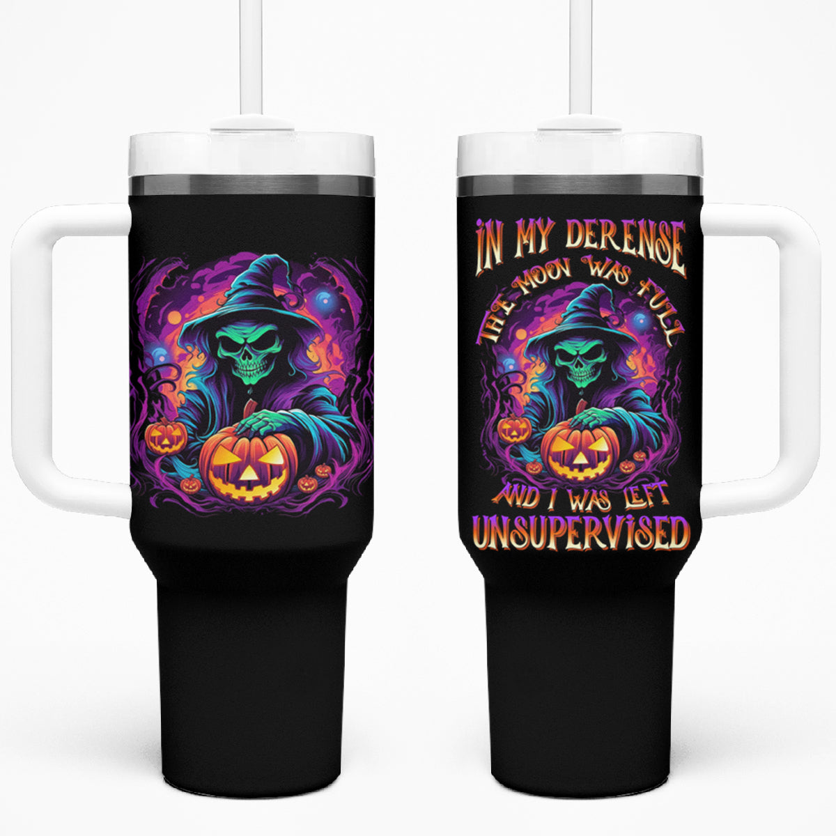 In My Defense I Was Left Unsupervised Halloween Tumbler With Handle - Wonder Print Shop